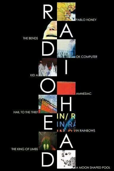palabra radiohead en vertical y la tapa de los discos  los costados